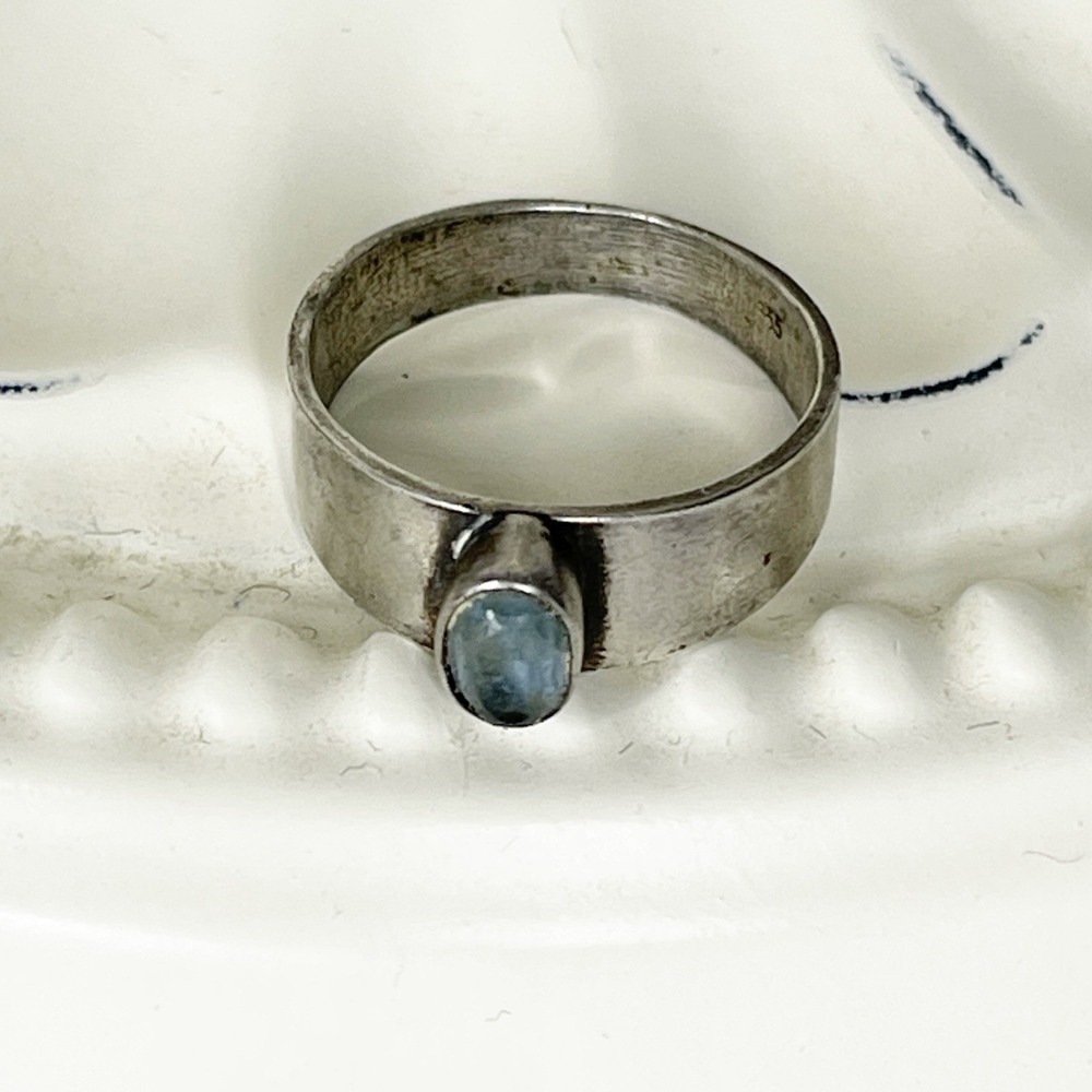 Vintage European 800 Sterling Silver Ring Blue Topaz Size 5.5 Thick Band